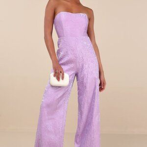 Lulus Ciela Lavender Textured Strapless Wide-leg Jumpsuit Purple - Size S